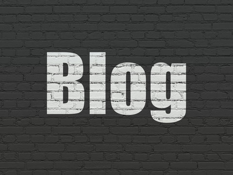 Web design concept: Painted white text Blog on Black Brick wall background