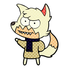 cartoon grinning fox in winter clothes