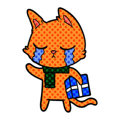 crying cartoon cat holding christmas present