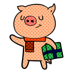 happy cartoon pig with christmas present