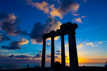 Ruins of an ancient Roman temple during sunset