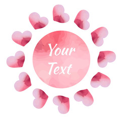 Watercolor frame with multicolor hearts and empty space for text isolated on white background. Colorful romantic design for wedding invitations, greeting cards, scrapbook element.