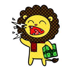 cartoon roaring lion with present