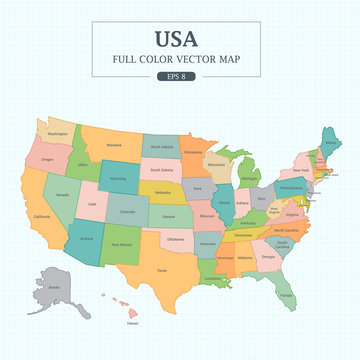 USA Map Full Color High Detail Separated all states Vector Illustration
