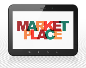 Marketing concept: Tablet Pc Computer with Painted multicolor text Marketplace on display, 3D rendering