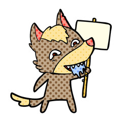 cartoon hungry wolf with sign post