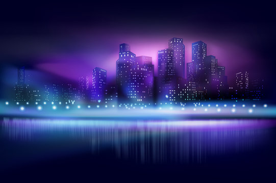 City view at the night. Vector illustration.