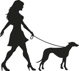 Vector silhouette of an woman walking with a dog