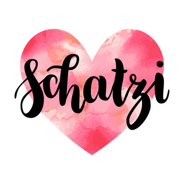 Schatzi - sweetheart in German. Happy Valentines day card, Hand-written lettering isolated on white, textured watercolor red and pink heart. Vector illustration. Handlettering typography poster