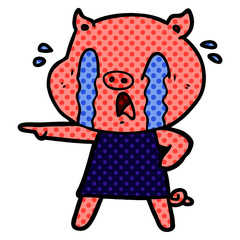 crying pig cartoon wearing human clothes