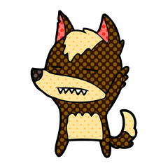 cartoon wolf waving showing teeth