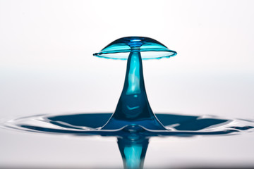 Splash and crown on rippled blue liquid or water surface . Water splash with a crown and reflection