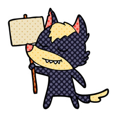 friendly cartoon wolf with blank sign