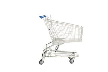 side view of empty shopping trolley isolated on white