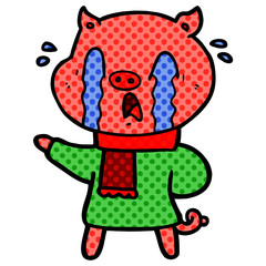 crying pig cartoon wearing human clothes