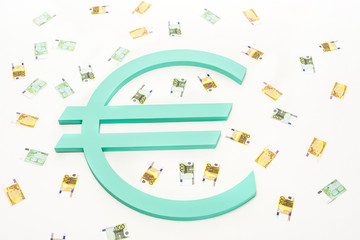 close up view of banknotes and euro sign isolated on white