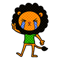 cartoon crying lion giving peace sign