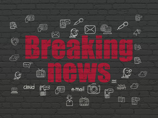 News concept: Painted red text Breaking News on Black Brick wall background with  Hand Drawn News Icons