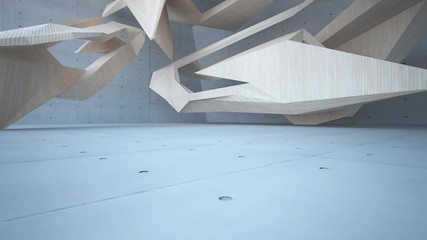 Abstract  concrete and wood interior multilevel public space with window. 3D illustration and rendering.