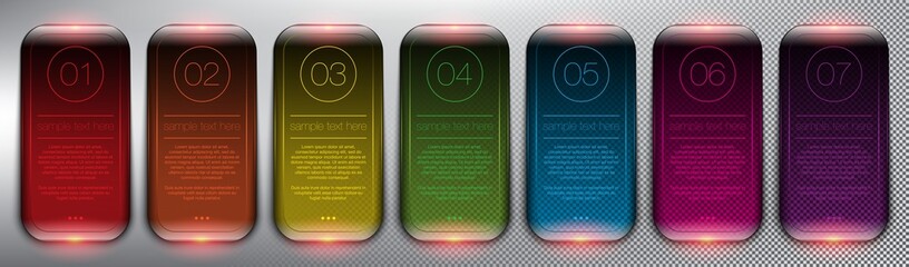 Vector glass web banners set of 7. Square glossy banners. Info graphic design elements. Isolated on the light panel. Each item contains space for own text. Vector illustration. Eps10.
