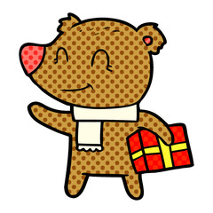 friendly bear with xmas gift and scarf