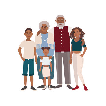 Happy African American family portrait. Grandmother, grandfather and their grandchildren standing together. Beautiful flat cartoon characters isolated on white background. Vector illustration.
