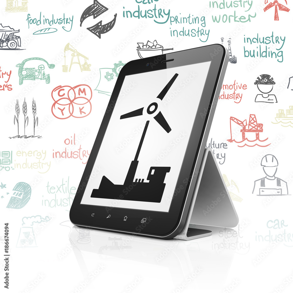 Poster manufacuring concept: tablet computer with black windmill icon on display, hand drawn industry icons