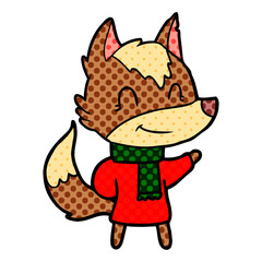 friendly cartoon wolf in winter clothes