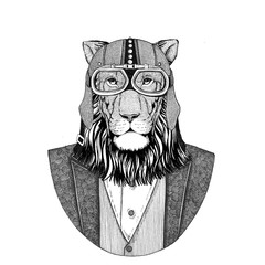 Wild cat. Lion. Animal wearing jacket with bow-tie and biker helmet or aviatior helmet. Elegant biker, motorcycle rider, aviator. Image for tattoo, t-shirt, emblem, badge, logo, patch