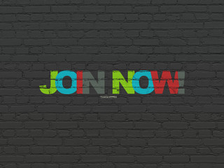 Obraz premium Social media concept: Painted multicolor text Join now! on Black Brick wall background