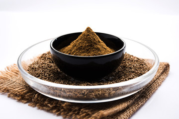 Indian spice coriander powder and cumin or jeera powder powder heap, selective focus

