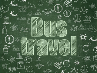 Fototapeta na wymiar Travel concept: Chalk Green text Bus Travel on School board background with Hand Drawn Vacation Icons, School Board