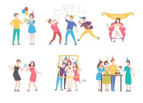 Collection of people celebrating birthday - eating cake, making group photo, singing, drinking cocktails. Flat cartoon characters isolated on white background. Colorful vector illustration.