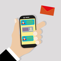 Sending message. Mobile chat. Hand holding phone with envelope, send button and notification, email. Flat cartoon illustration for web banners, sites, infographics design. Vector