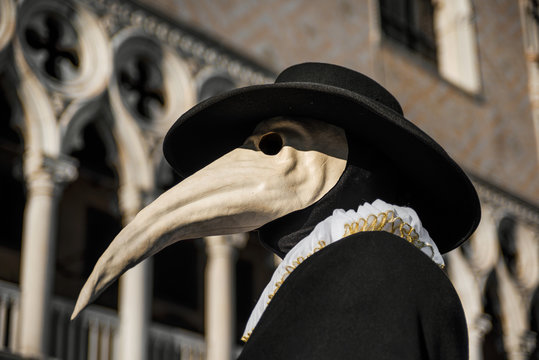 Plague Doctor Mask, traditional venetian costume of Venice Carnival, with Doge Palace gothic decoration in the background
