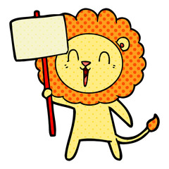 laughing lion cartoon with placard
