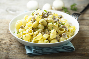 Homemade pasta with cream sauce and mushrooms