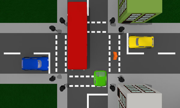 Stadtansicht von oben: Kreuzung mit Ampel und bunten Autos.