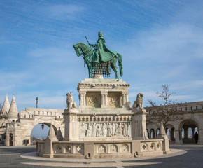 Obraz premium Bronze statue of Saint Stephen near the Fishermans Bastion, Budapest, Hungary. Equestrian statue of King Stephen