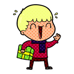 laughing cartoon man with present
