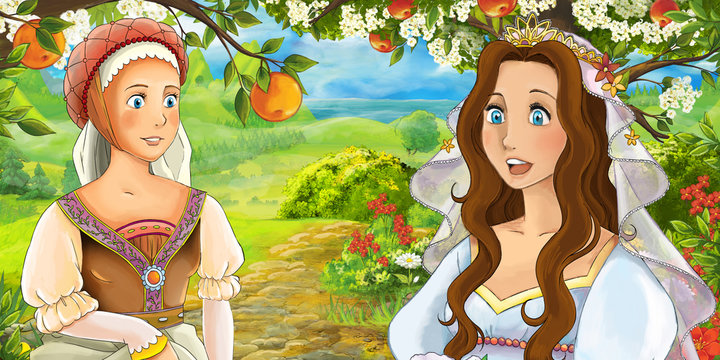 Cartoon farm scene with servant and bride in the garden - image for different fairy tale