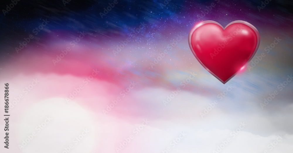 Poster Shiny heart glowing with purple space universe misty background