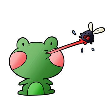 Cute Cartoon Frog Catching Fly With Tongue