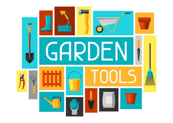 Concept background with garden tools and icons. All for gardening business illustration