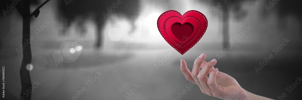 Poster open hand touching a stitched heart with romantic mysterious