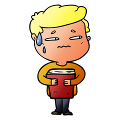 cartoon anxious boy carrying book