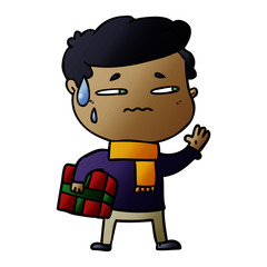 cartoon anxious man with christmas gift
