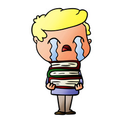 cartoon man crying over stack of books