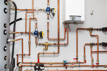 Heating system with copper pipes, valves and other equipment