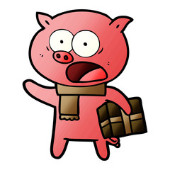 cartoon pig with christmas present